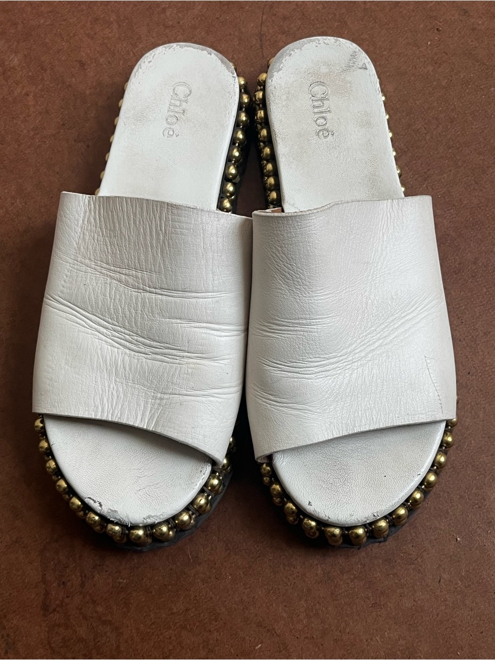 Chloé Sawyer Authentic White Leather Slide Mules with Gold Stud Detail EU38